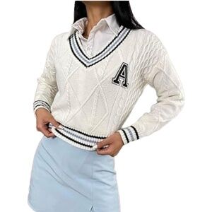Ultra Flirt  White Blue Black Trim Soft Cozy Textured Cable Knit Sweater Large